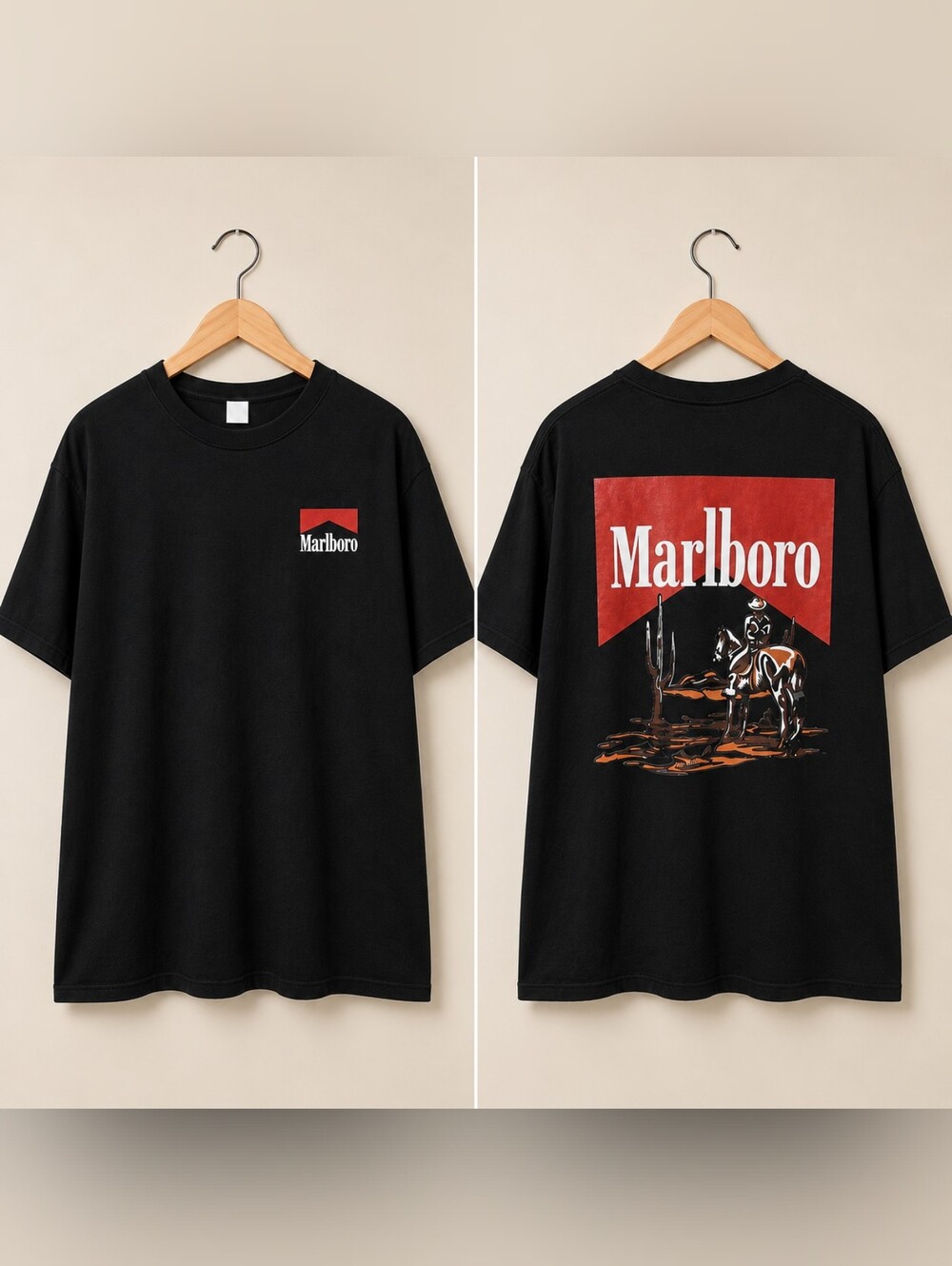 Marlboro Black Tee with Red Logo and Cowboy Graphic